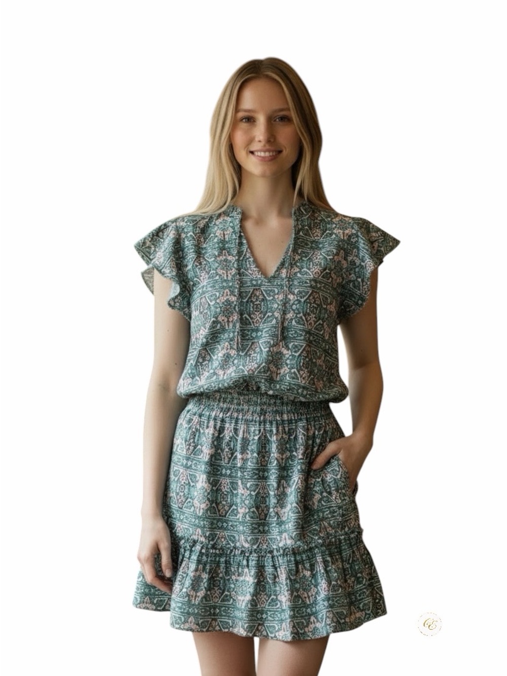 TART | Collections Green Printed | Flutter Sleeve |Mini Dress | Size S